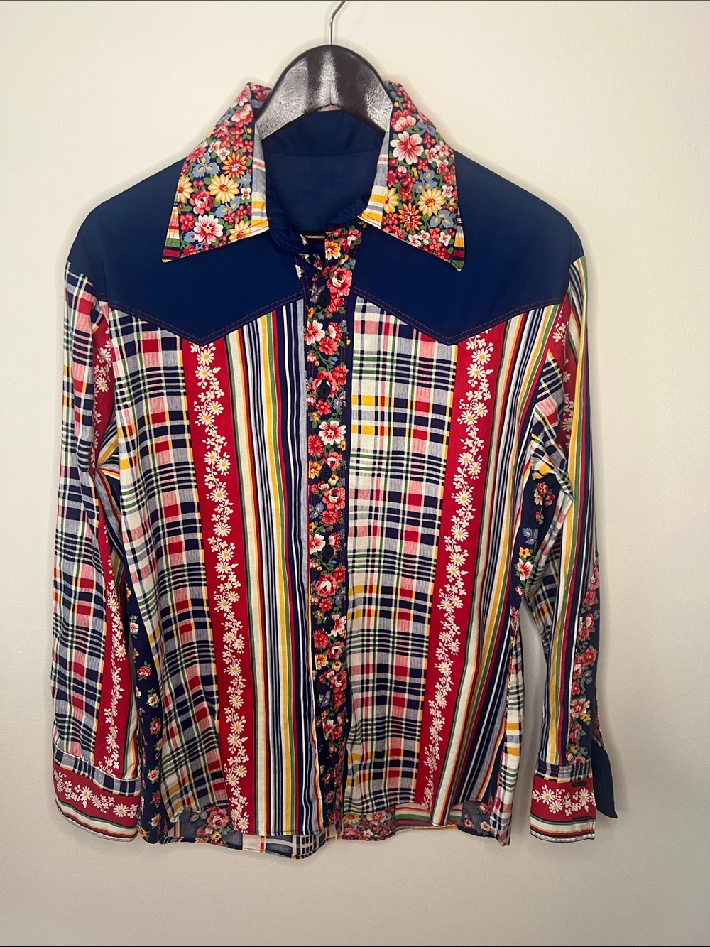 Men's Vintage 70s Patchwork Floral & Plaid Button-Up Shirt - Navy & Red